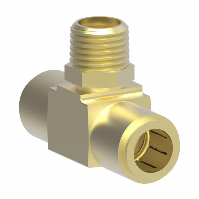 Brass Push>Connect Air Brake Tube Fitting, 0.38 Inch Tube OD Run To 1/4-18  Male NPT Swivel Branch, Tee